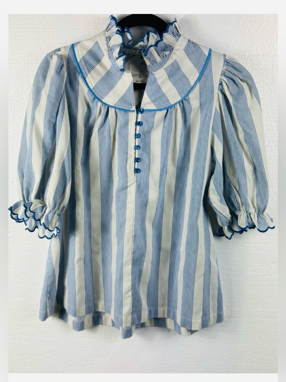Umgee Blue & White Striped Ruffle Collar Women's Top